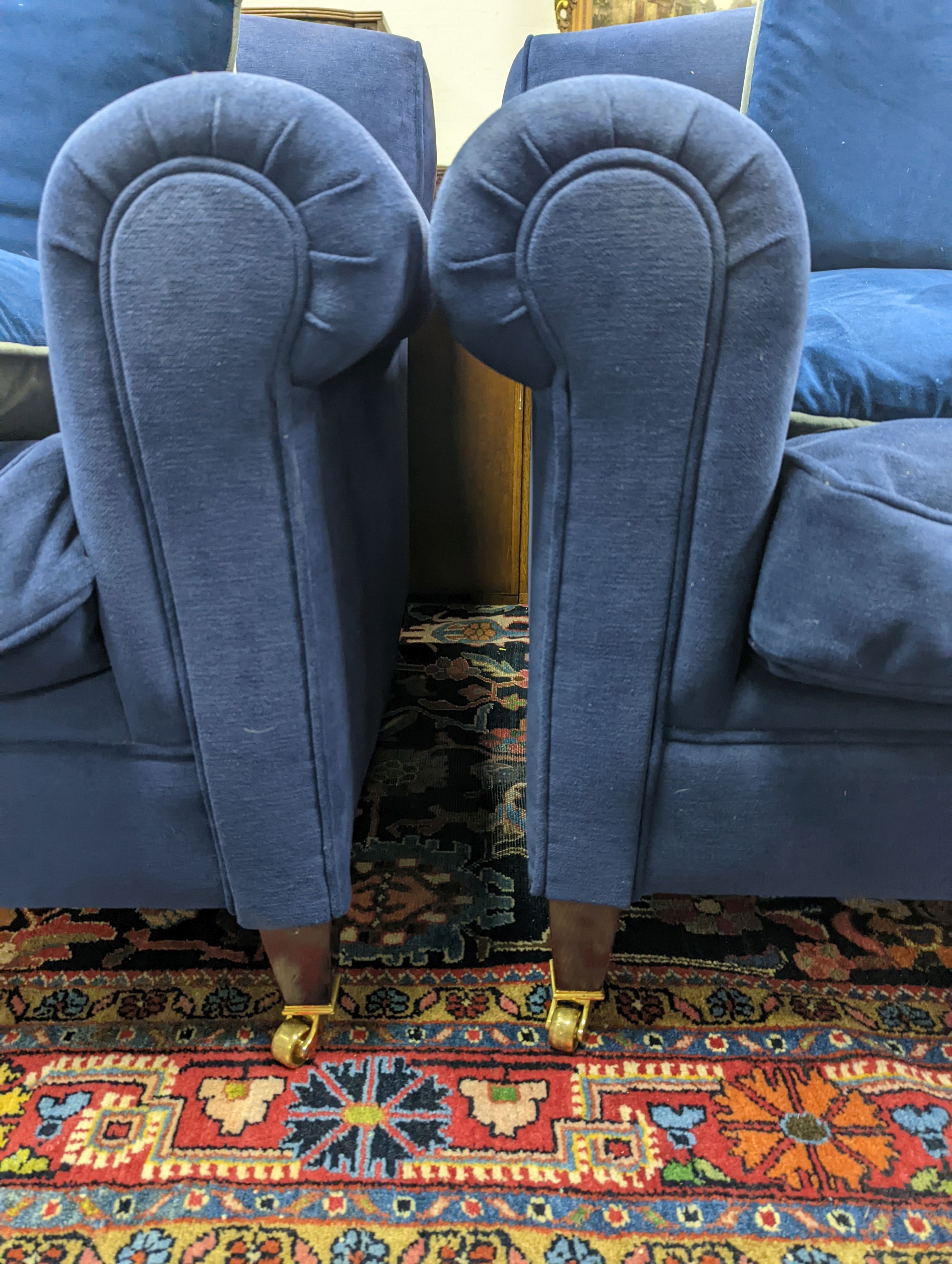 A pair of George Smith blue fabric armchairs, width 90cm, depth 100cm, height 80cm